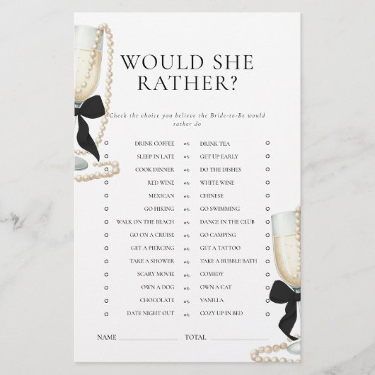 Black Bow Pearls & Prosecco Bridal Shower Game 便箋 (正面)