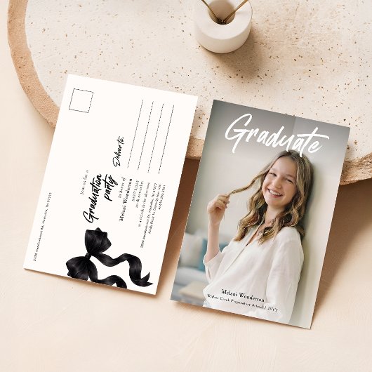 Black Bow Photo Graduation Party Invitation ポストカード