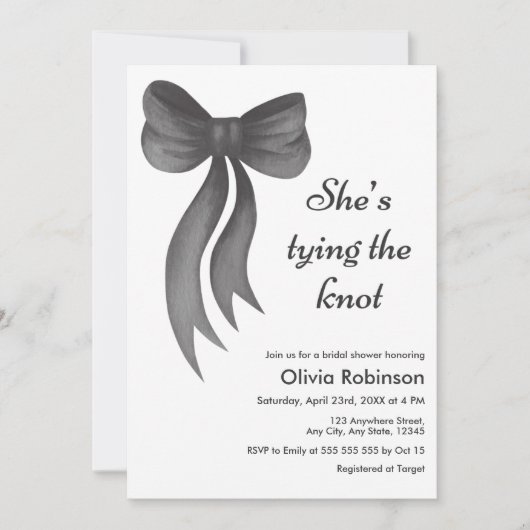 Black Bow She's Tying the Knot Bridal Shower 招待状 (正面)