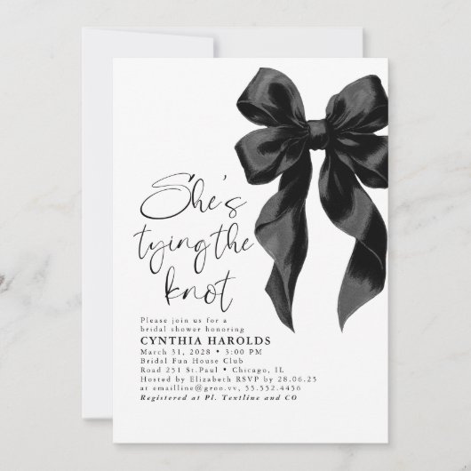 Black Bow She's Tying the Knot Bridal Shower 招待状 (正面)