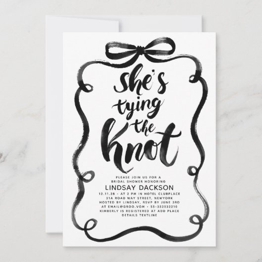 Black Bow She's Tying The Knot Bridal Shower 招待状 (正面)