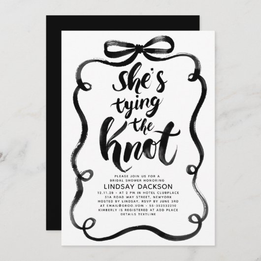 Black Bow She's Tying The Knot Bridal Shower 招待状 (正面/裏面)