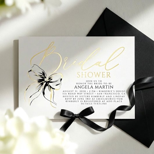 Black Bow She's Tying The Knot Bridal Shower 箔招待状