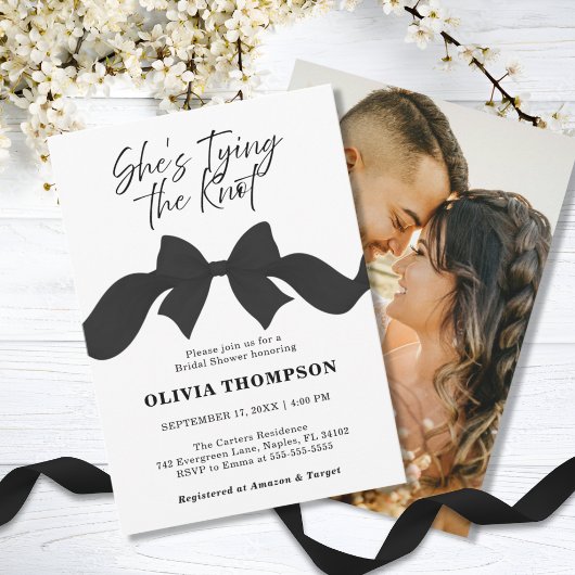 Black Bow She's Tying the Knot Photo Bridal Shower 招待状