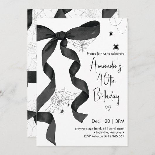 Black Bow Spider Web Coquette Halloween Birthday  招待状 (正面/裏面)