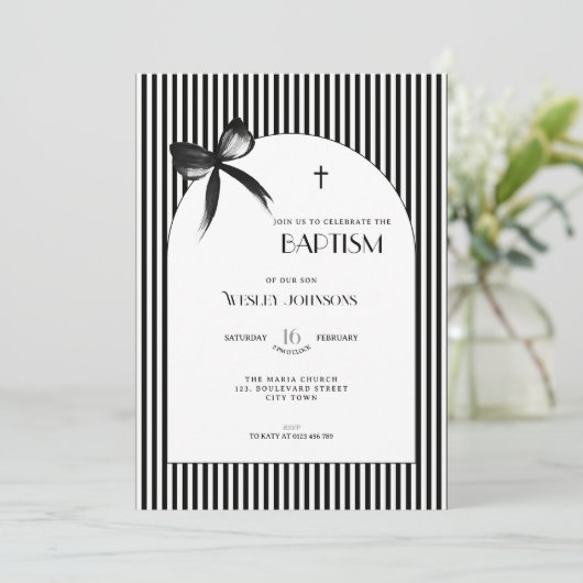 Black Bow Striped Boys Girls - Baptism Invitation 招待状 (スタンド正面)