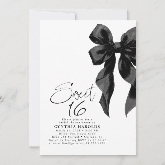 Black Bow Sweet 16 Birthday 招待状 (正面)