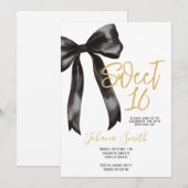 Black Bow Sweet Sixteen Girl Birthday Party 招待状 (正面/裏面)