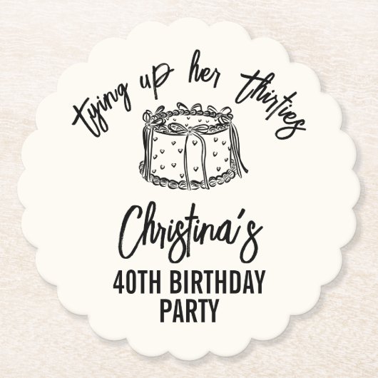 Black Bow Tying Up Her Thirties 40th Birthday ペーパーコースター (正面)