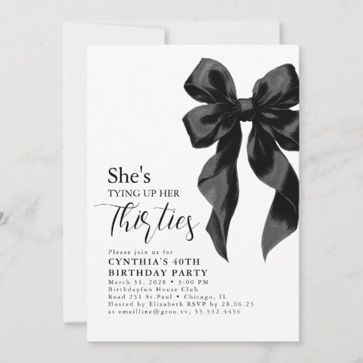 Black Bow Tying Up Her Thirties 40Th Birthday 招待状 (正面)