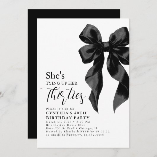Black Bow Tying Up Her Thirties 40Th Birthday 招待状 (正面/裏面)