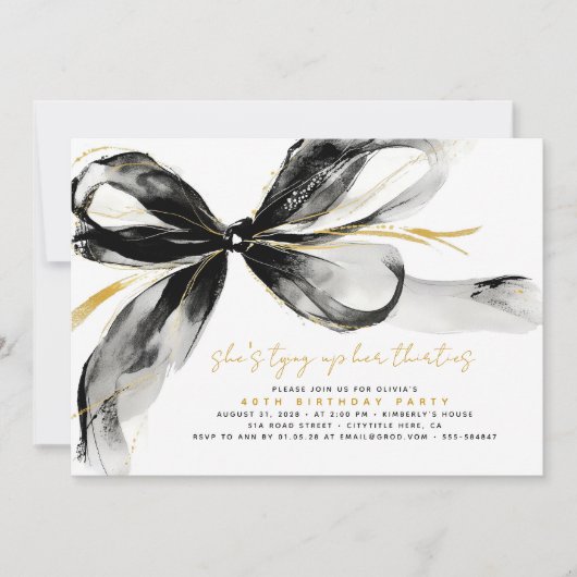 Black Bow Tying Up Her Thirties 40Th Birthday 招待状 (正面)