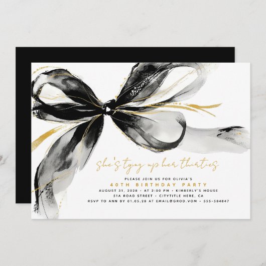 Black Bow Tying Up Her Thirties 40Th Birthday 招待状 (正面/裏面)