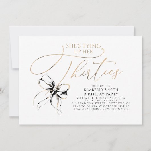 Black Bow Tying up Her Thirties 40th Birthday  招待状 (正面)