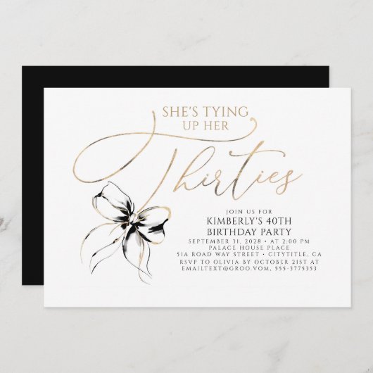 Black Bow Tying up Her Thirties 40th Birthday  招待状 (正面/裏面)