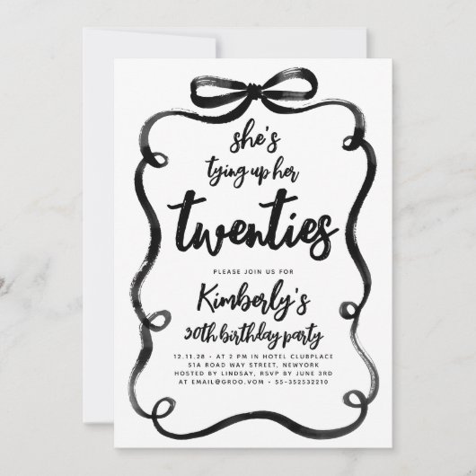 Black Bow Tying Up Her Twenties 30Th Birthday 招待状 (正面)