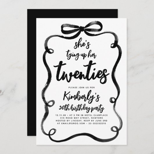 Black Bow Tying Up Her Twenties 30Th Birthday 招待状 (正面/裏面)