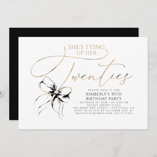 Black Bow Tying up Her Twenties 30th Birthday  招待状 (正面/裏面)