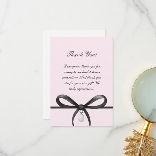 Black Bow With Pearl Old Money Style Bridal Shower サンキューカード (正面/裏面インサイチュ)