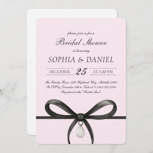 Black Bow With Pearl Old Money Style Bridal Shower 招待状 (正面/裏面)