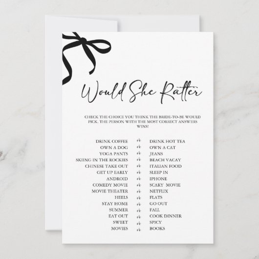 Black Bow Would She Rather Bridal Shower Game 招待状 (正面)