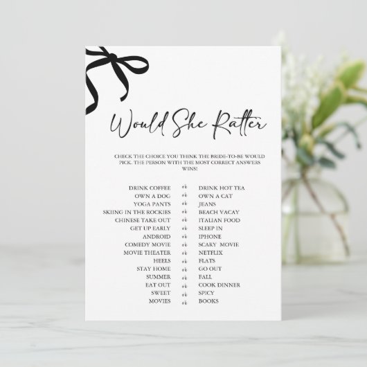 Black Bow Would She Rather Bridal Shower Game 招待状 (スタンド正面)