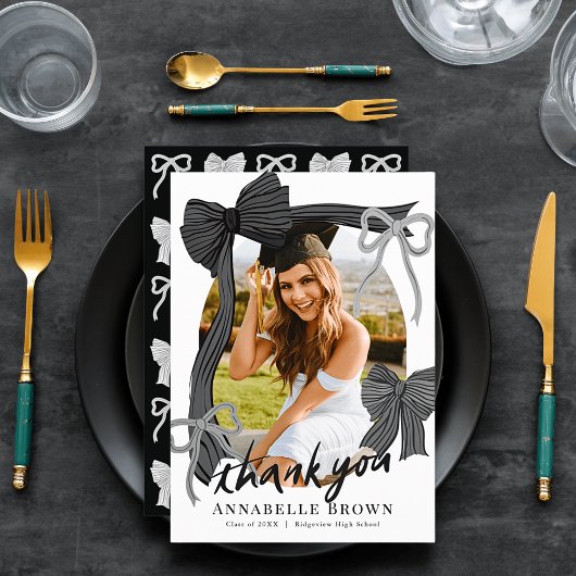 Black Bows Photo Graduation Thank You Card 招待状