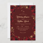 Black Burgundy and Gold Rose Floral Boho Wedding 招待状 (正面)