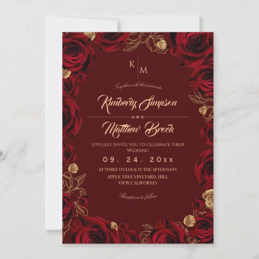 Black Burgundy and Gold Rose Floral Boho Wedding 招待状 (正面)