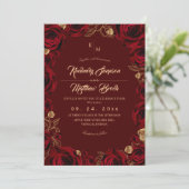 Black Burgundy and Gold Rose Floral Boho Wedding 招待状 (スタンド正面)