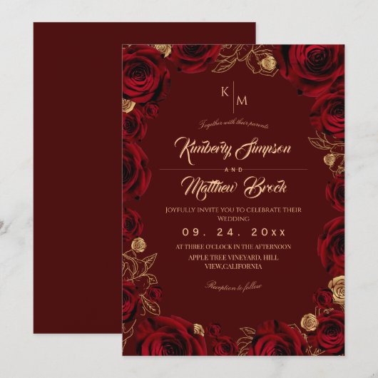 Black Burgundy and Gold Rose Floral Boho Wedding 招待状 (正面/裏面)