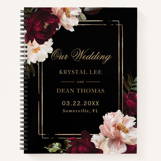 Black Burgundy Blush Floral Wedding Guest Book ノートブック (正面)