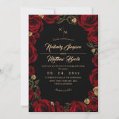 Black Burgundy⎮ Gold Rose Floral Boho Wedding 招待状 (正面)