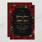 Black Burgundy⎮ Gold Rose Floral Boho Wedding 招待状 (正面/裏面)