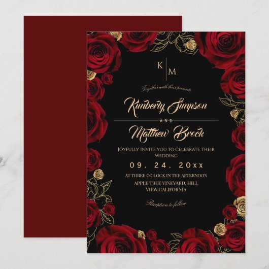 Black Burgundy⎮ Gold Rose Floral Boho Wedding 招待状 (正面/裏面)