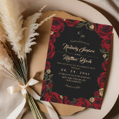 Black Burgundy⎮ Gold Rose Floral Boho Wedding 招待状
