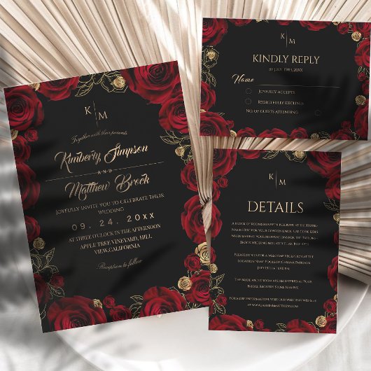 Black Burgundy⎮ Gold Rose Floral Boho Wedding 招待状