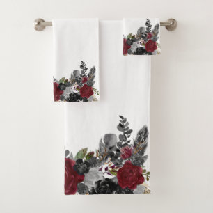 Black Burgundy Goth Flower Rose Bath Halloween バスタオルセット