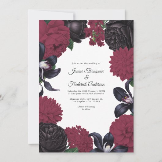 Black & Burgundy Photo/QR Code Floral Wedding 招待状 (正面)