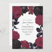 Black & Burgundy Photo/QR Code Floral Wedding 招待状 (正面/裏面)