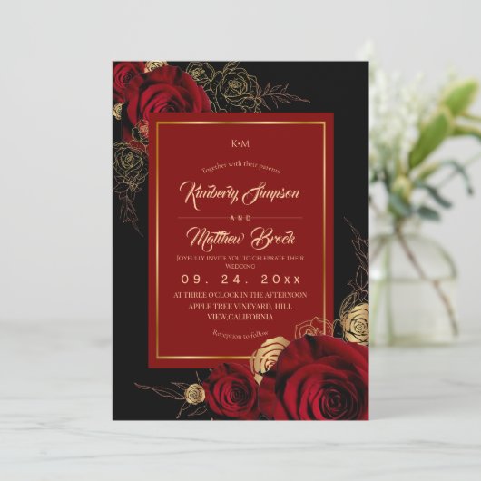 Black Burgundy Roses Boho Wedding 招待状 (スタンド正面)
