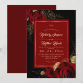 Black Burgundy Roses Boho Wedding 招待状 (正面/裏面)