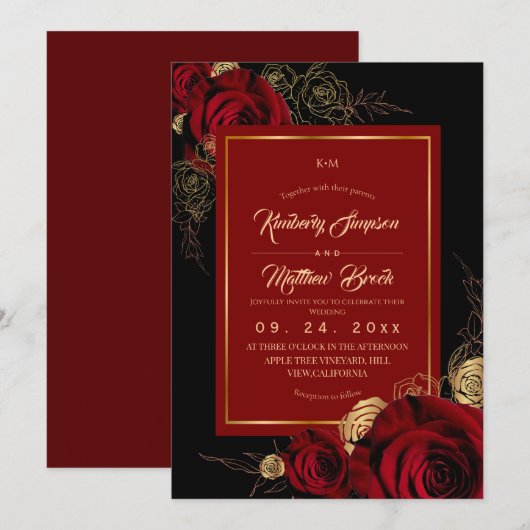 Black Burgundy Roses Boho Wedding 招待状 (正面/裏面)
