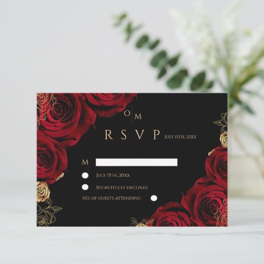 Black Burgundy Roses Wedding RSVP card (スタンド正面)