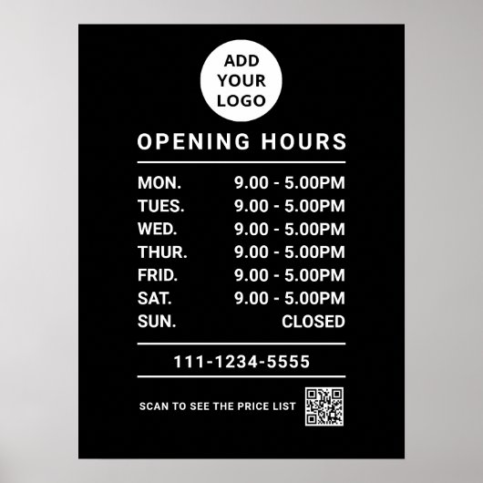 Black Business Opening Hours logo and qr code ポスター (正面)