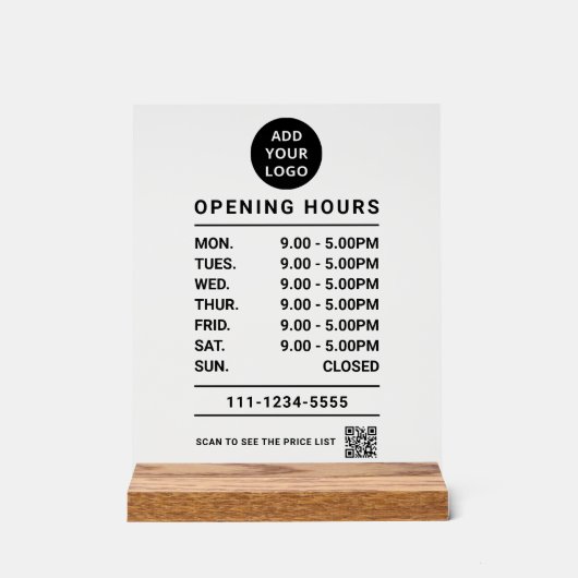 Black Business Opening Hours logo qr code アクリルサイン (正面)