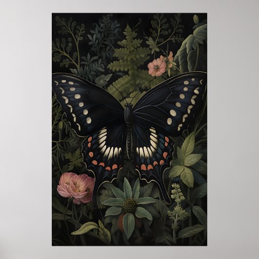 Black Butterfly In Dark Flower Garden, Moody Moth ポスター (正面)