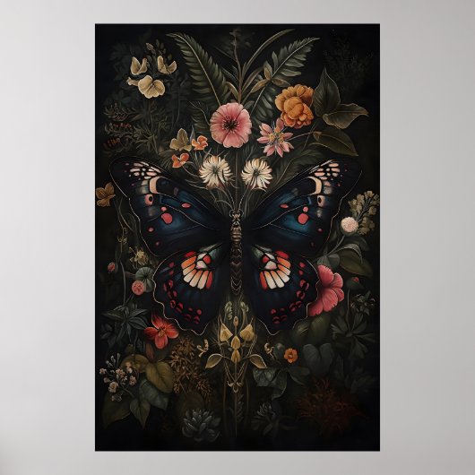 Black Butterfly In Dark Flower Garden, Moody Moth ポスター (正面)