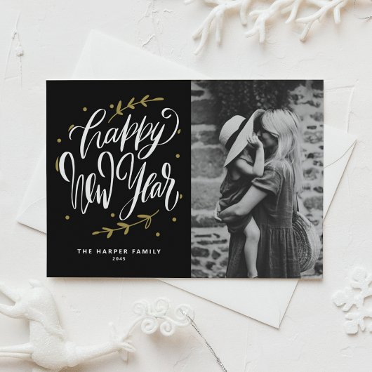 Black Calligraphy and Wreath New Year Photo シーズンポストカード