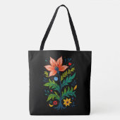 Black Canvas Folk Art Flower Tree Dark Boho トートバッグ (正面)